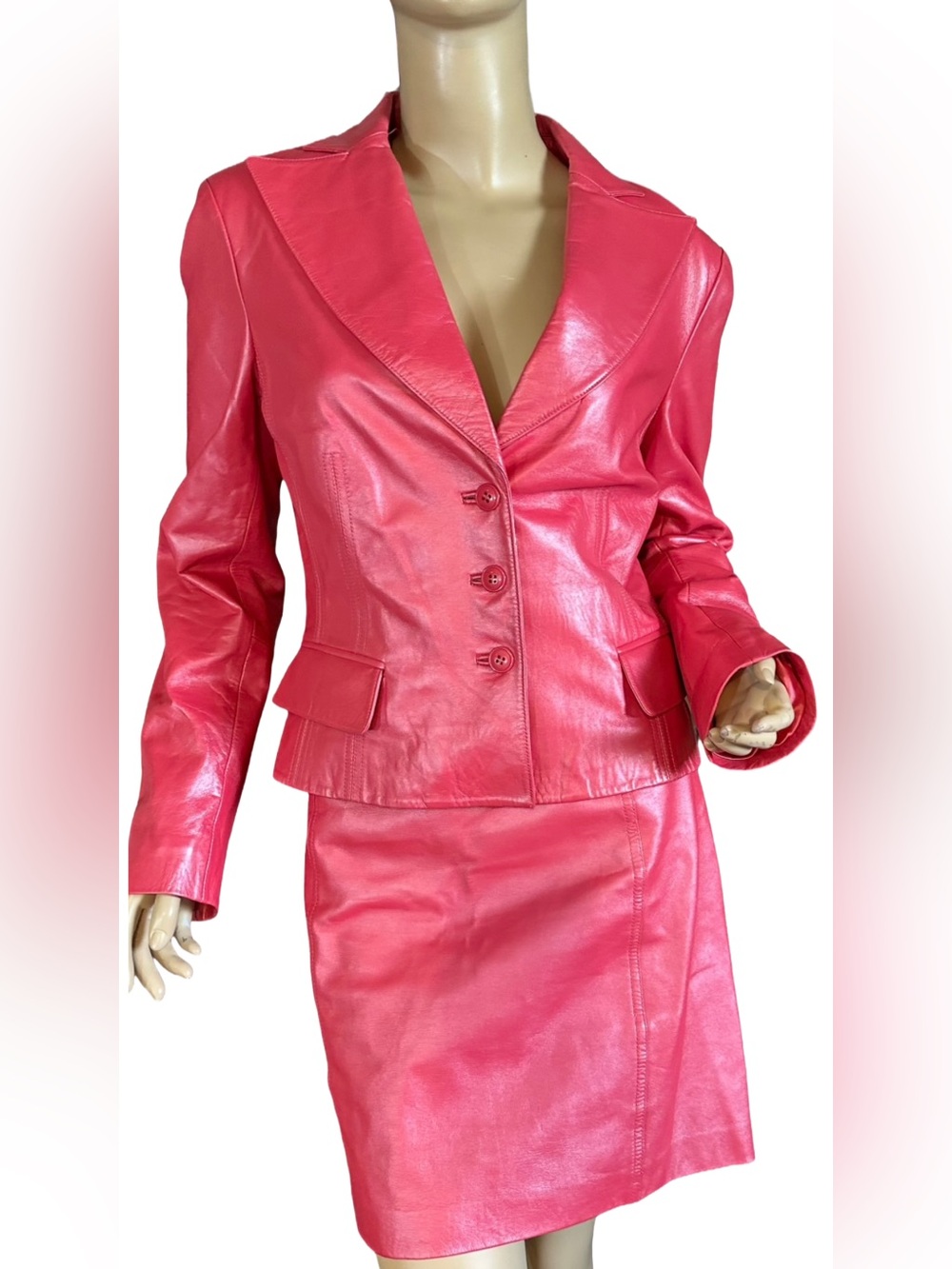 VINTAGE Y2K CACHE PINK LEATHER MINI SKIRT & BLAZER SET (10) - Picture 2 of 14